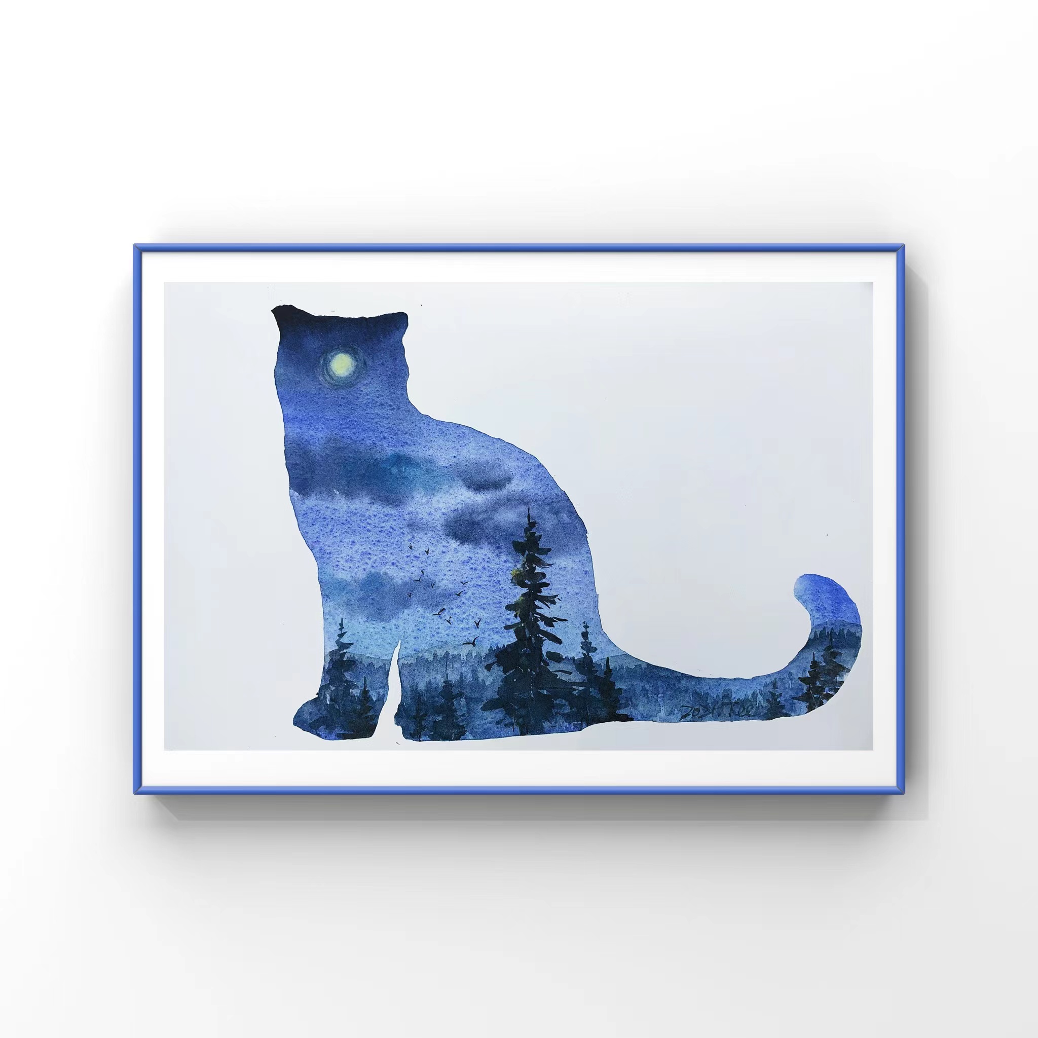 Tee桑的三木水彩画,猫的轮廓中有蓝色森林和月亮